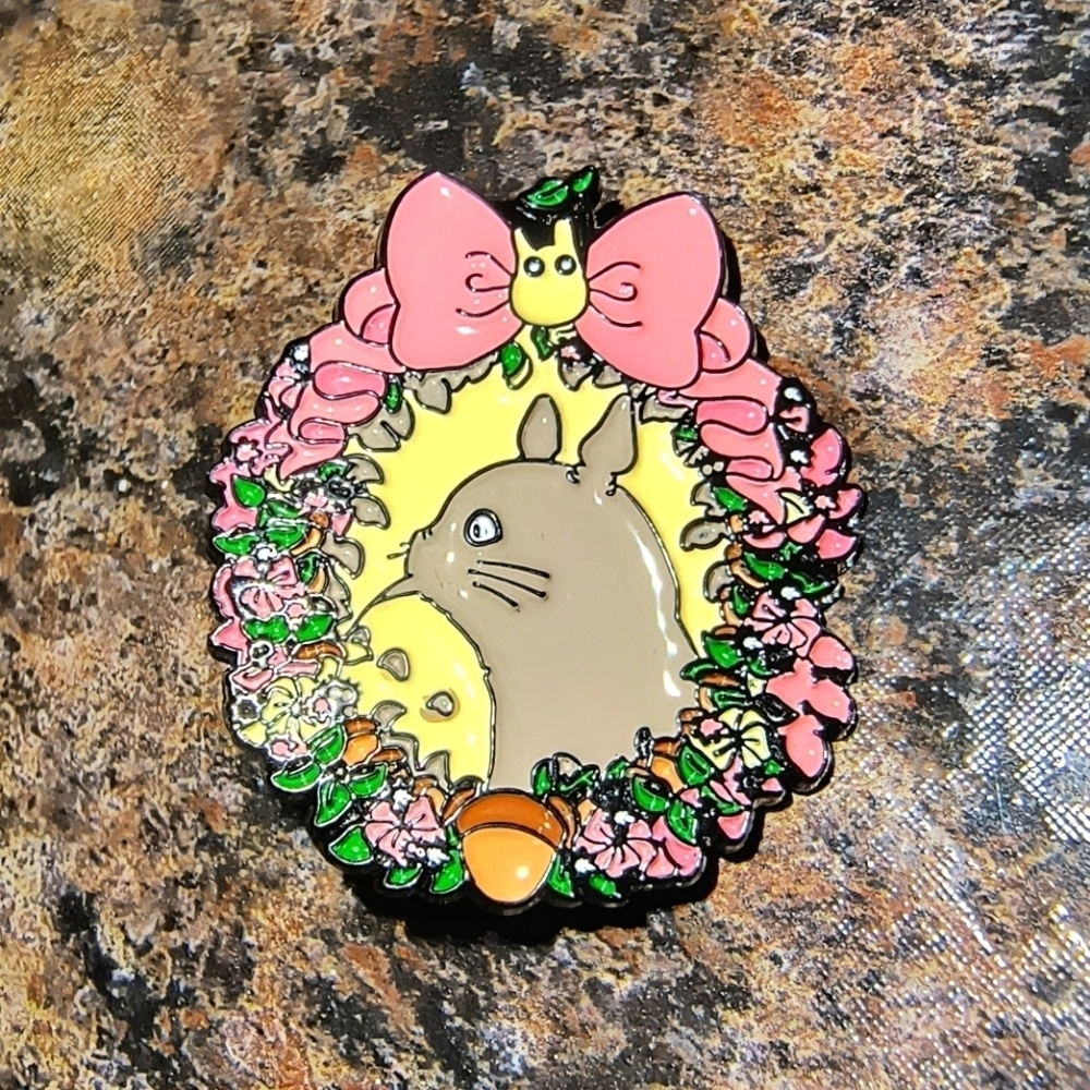 Cute Enamel Pin with Pink and Green Accents Totoro studio Ghibli Disney bow